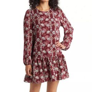 NEW NWT CASLON Floral Print Long Sleeve Drop Waist Mini Dress Burgundy Maroon S
